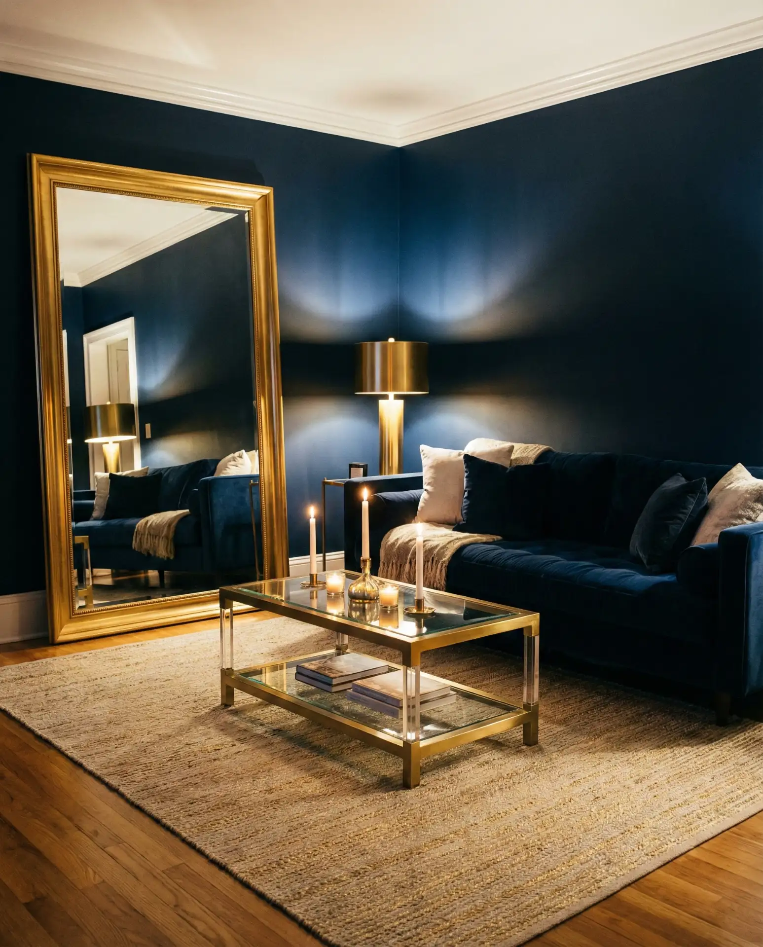 Midnight Blue and Gold Glam Living Room 1