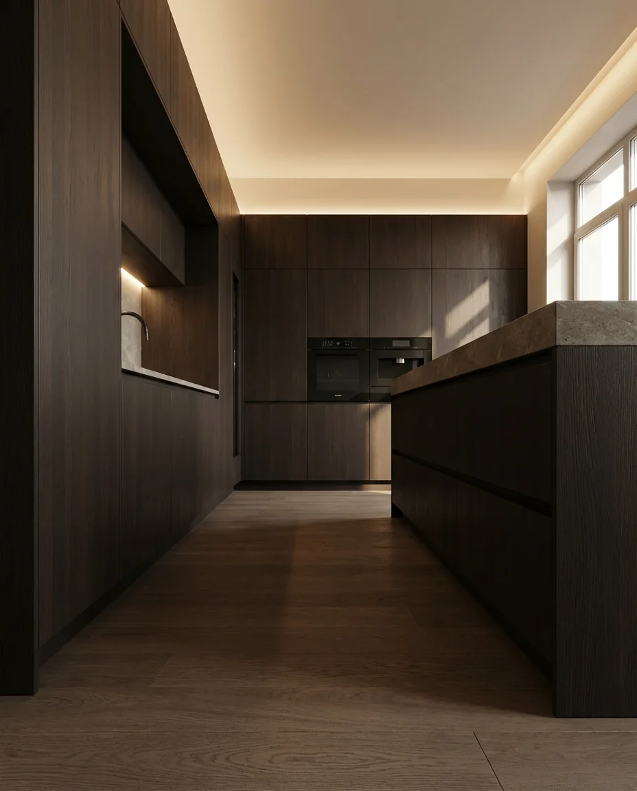 Minimalist Dark Kitchen with Hidden Handles and Quiet Luxury 2