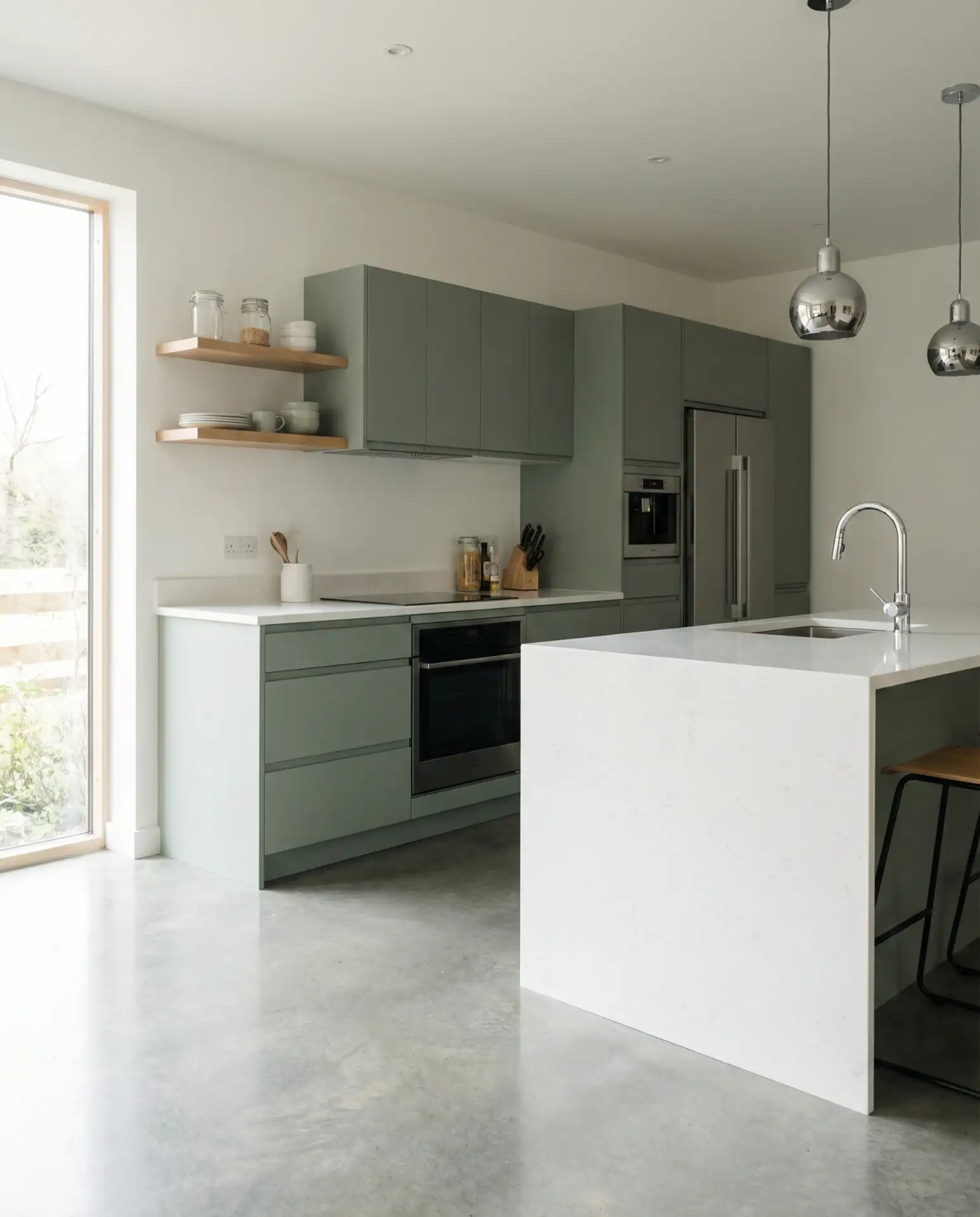 Modern Sage Green Kitchen with Sleek Hardware 2
