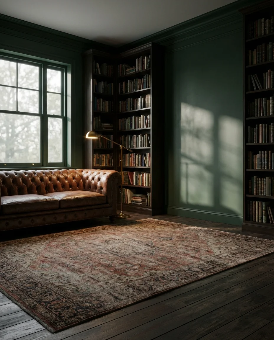 Moody Green Library Style Living Room 1