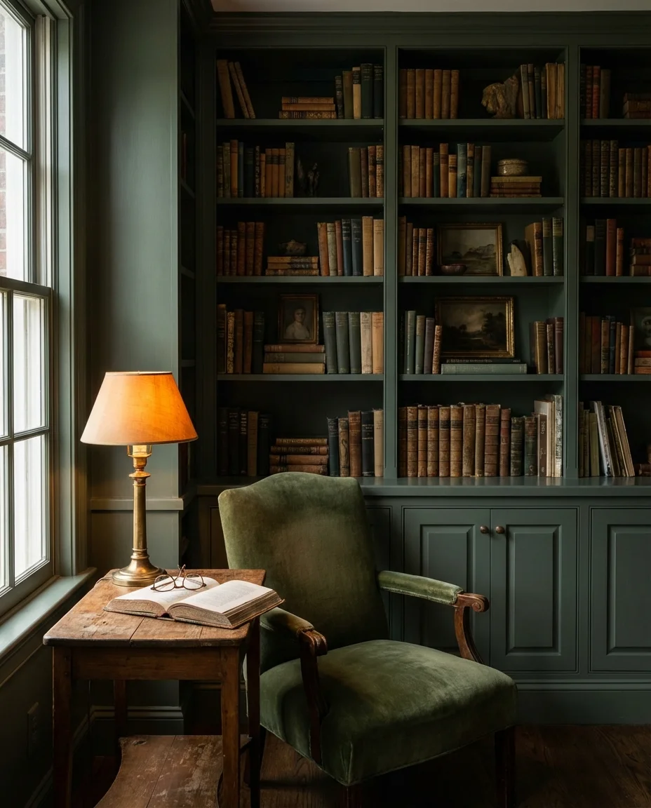 Moody Green Library Style Living Room 2