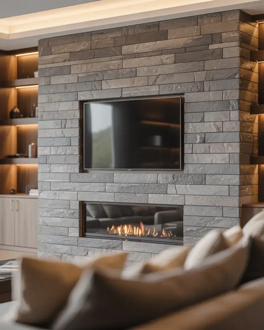 Natural Stone Veneer Around TV and Fireplace 1