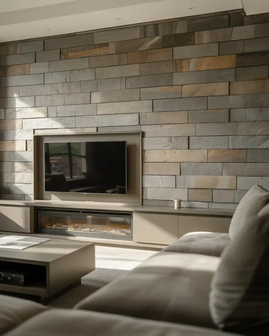 Natural Stone Veneer Around TV and Fireplace 2