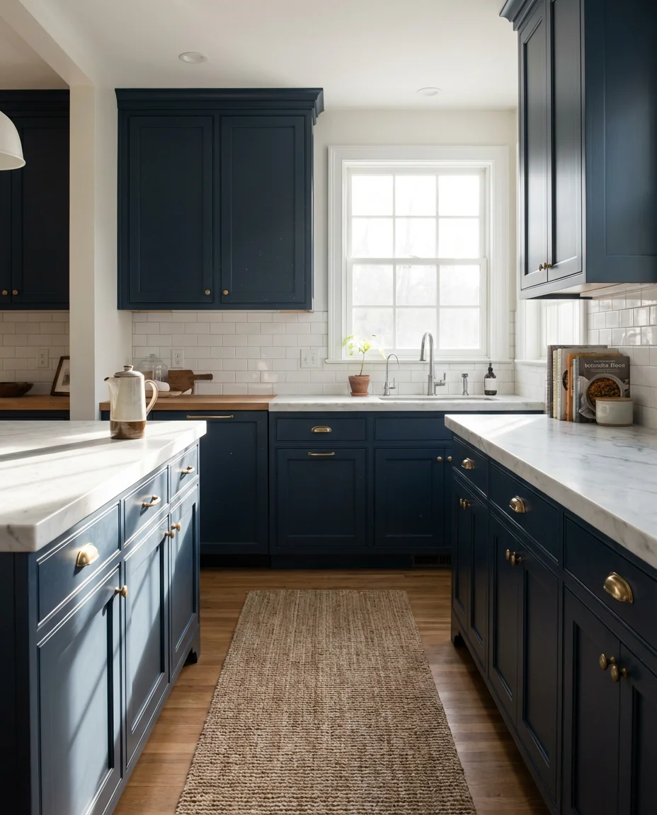 Navy Blue Kitchen with White Marble Countertops 1