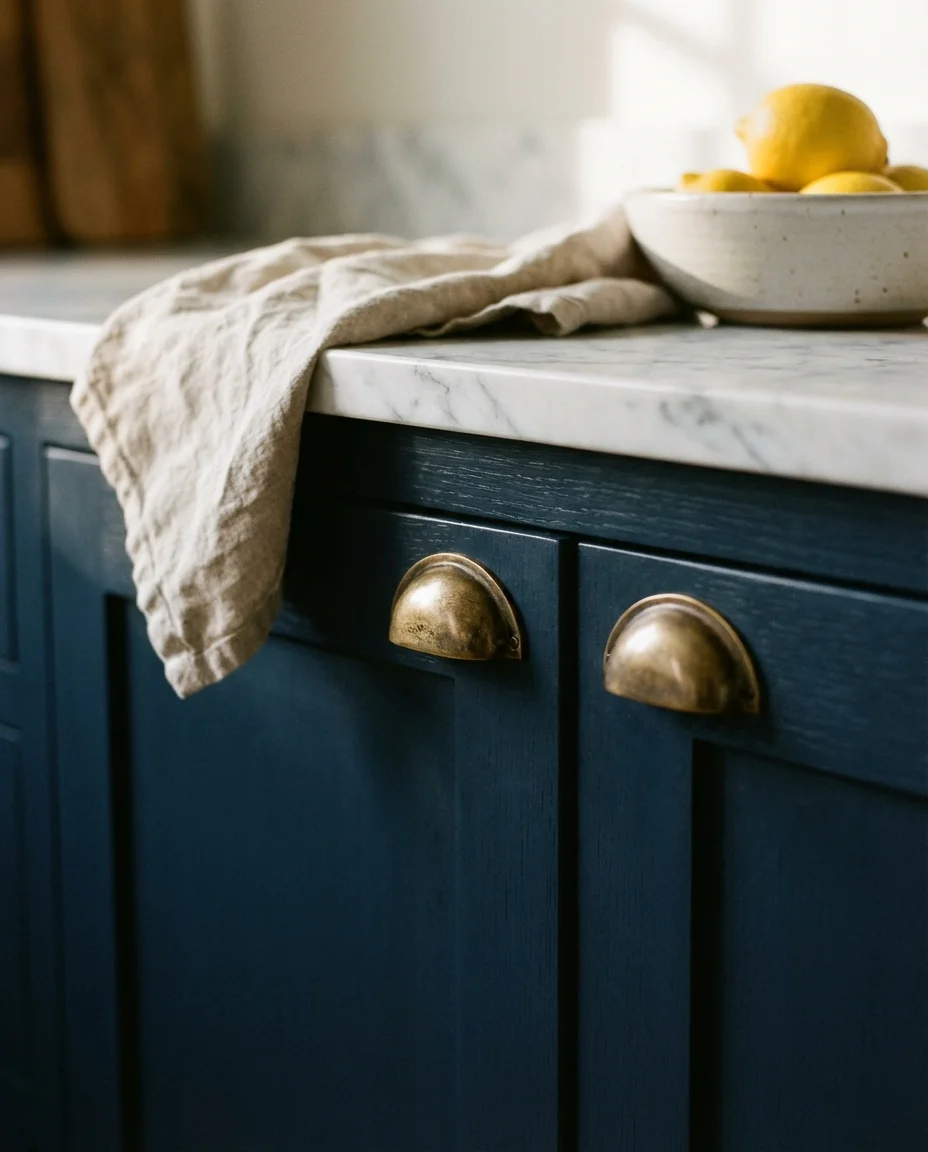 Navy Blue Kitchen with White Marble Countertops 2