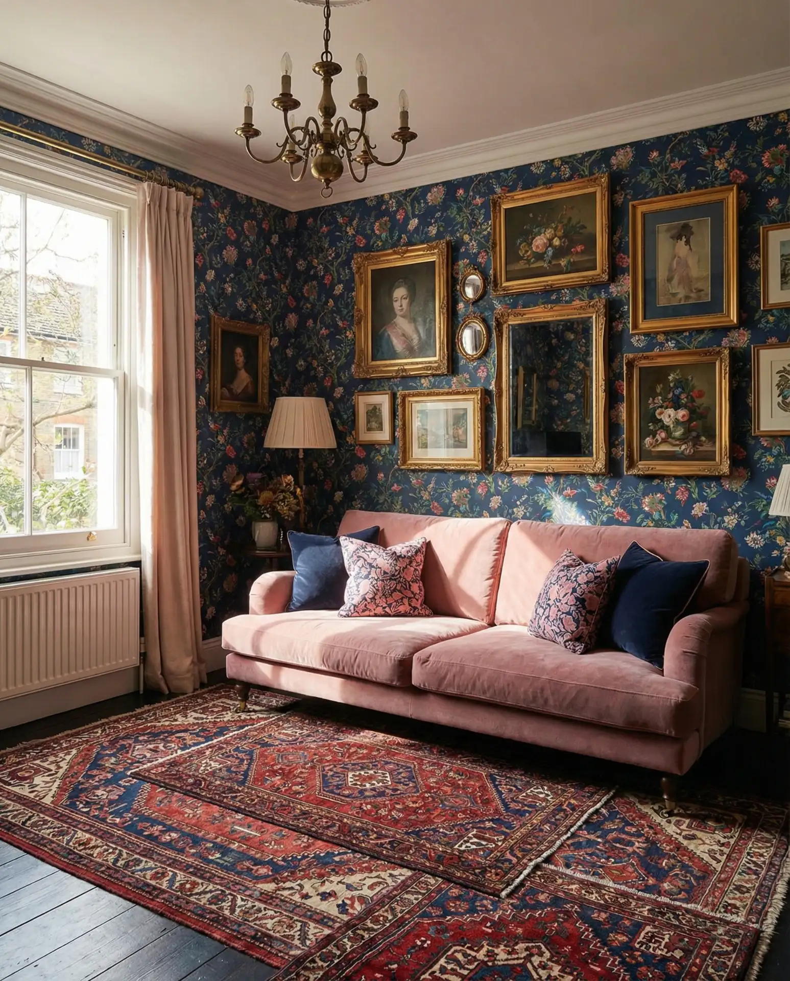 Navy and Pink Bold Maximalist Living Room 1