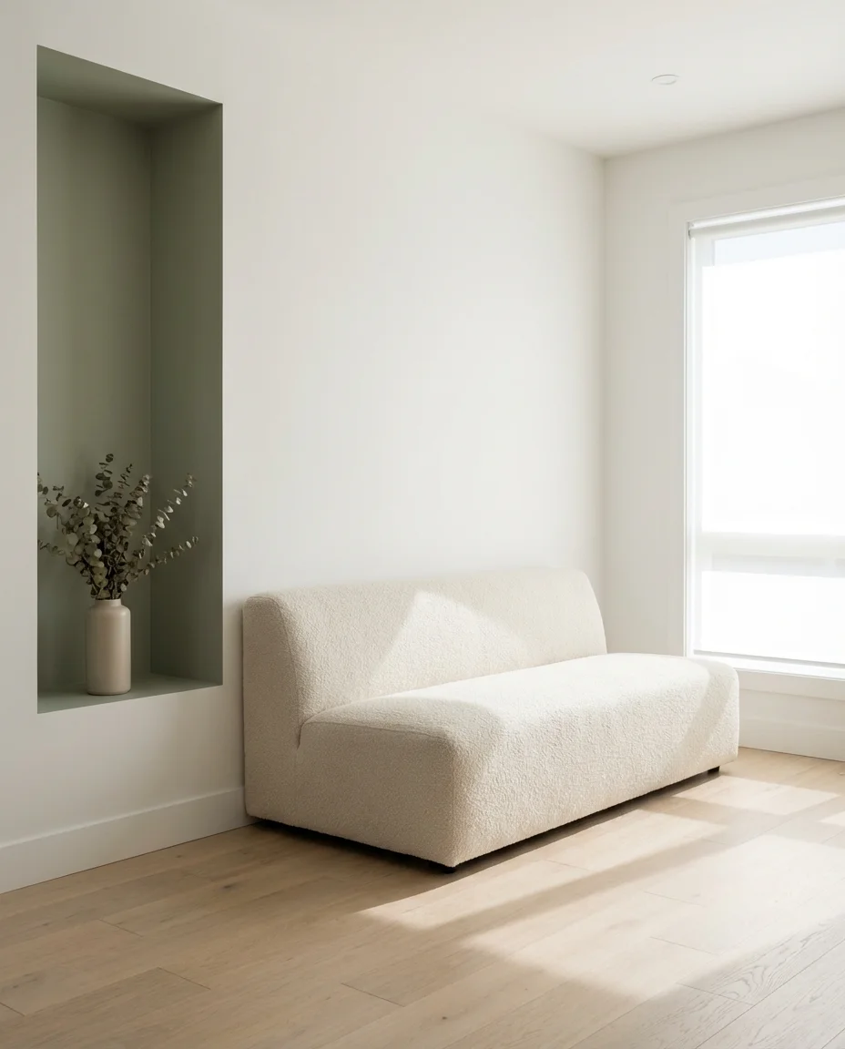 Neutral and Green Minimalist Living Room 1