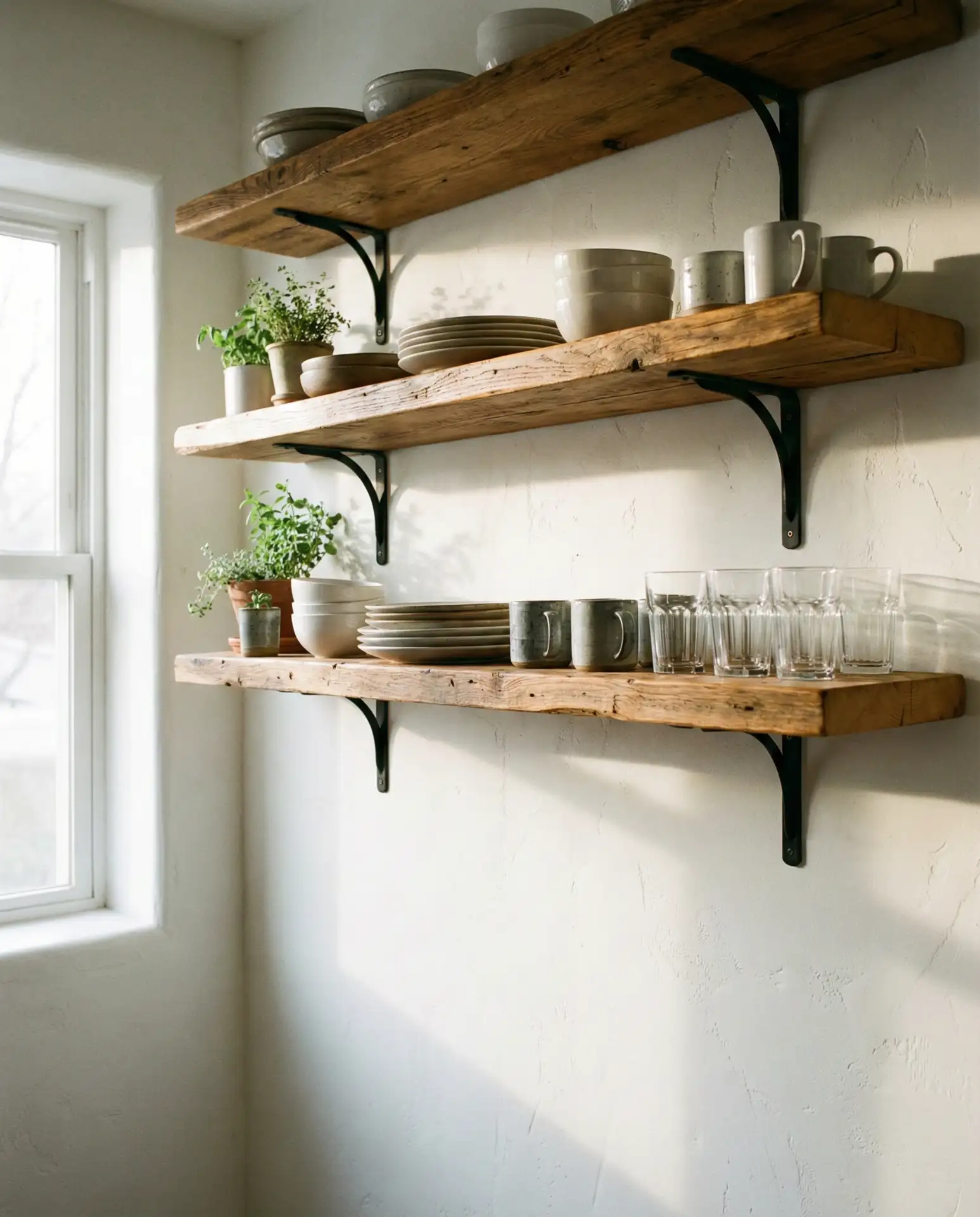 Open Wooden Shelves Instead of Upper Cabinets 1