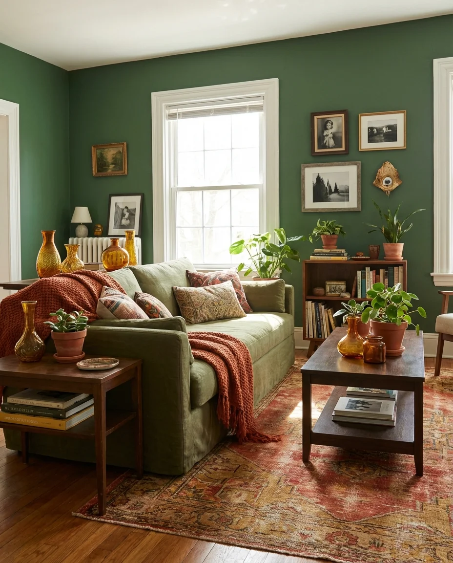 Orange and Green Eclectic Living Room 1