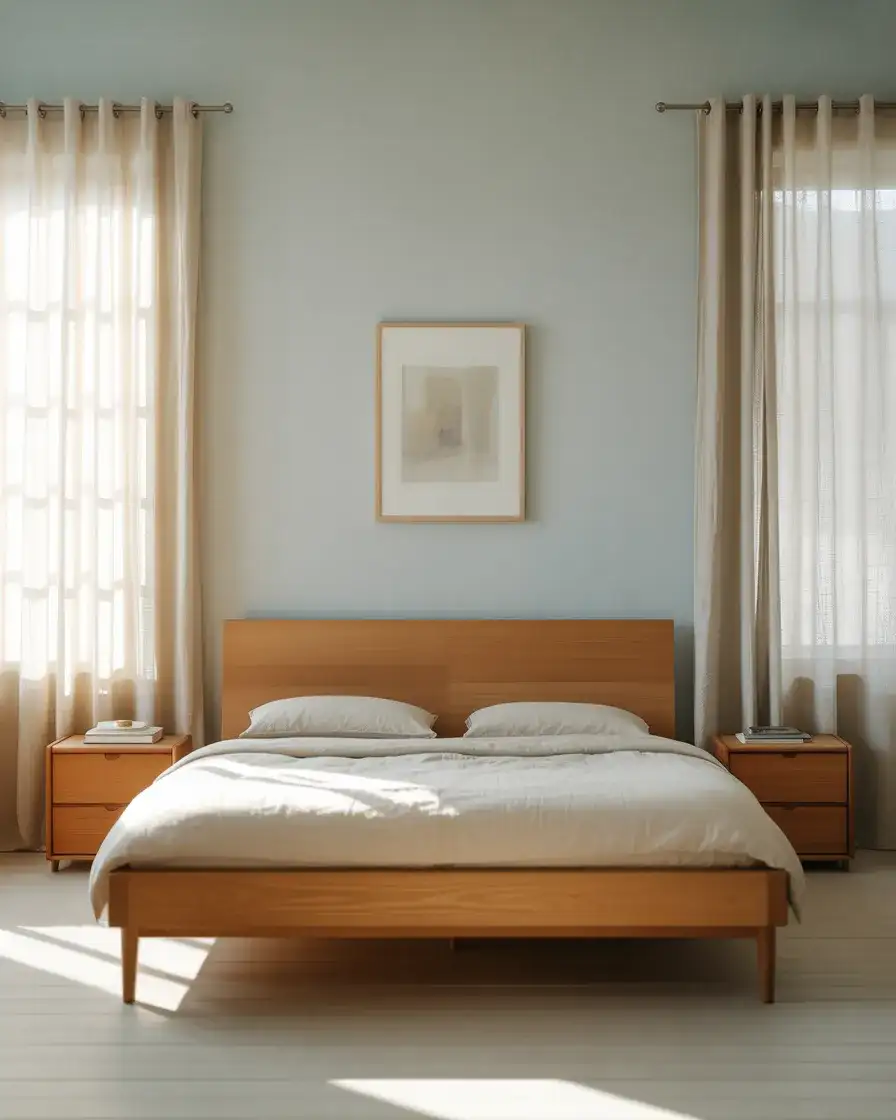 Pale Blue Scandinavian Bedroom with Wood Tones 1