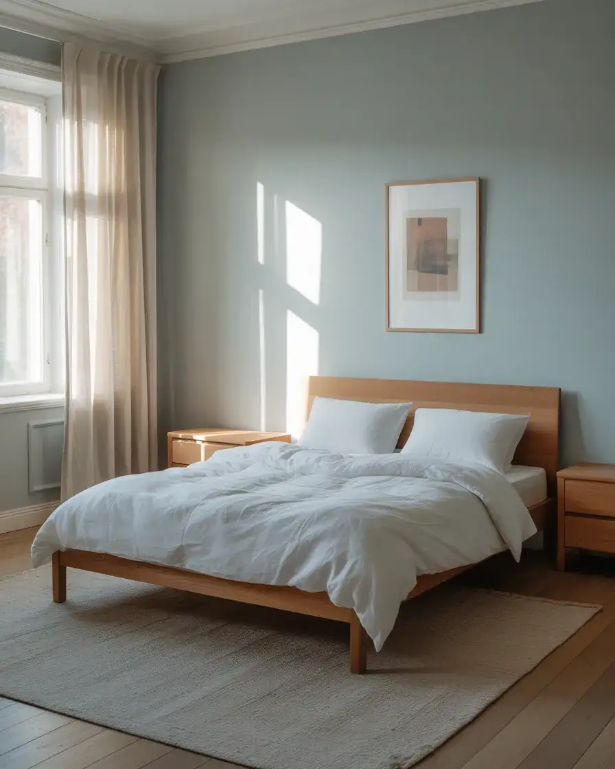 Pale Blue Scandinavian Bedroom with Wood Tones 2
