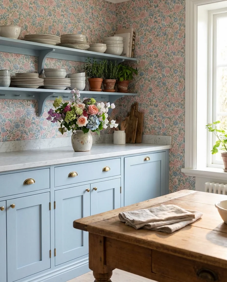 Pastel Blue Kitchen with Floral Decor 1