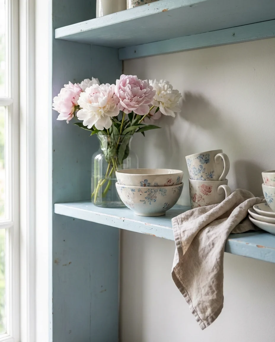 Pastel Blue Kitchen with Floral Decor 2