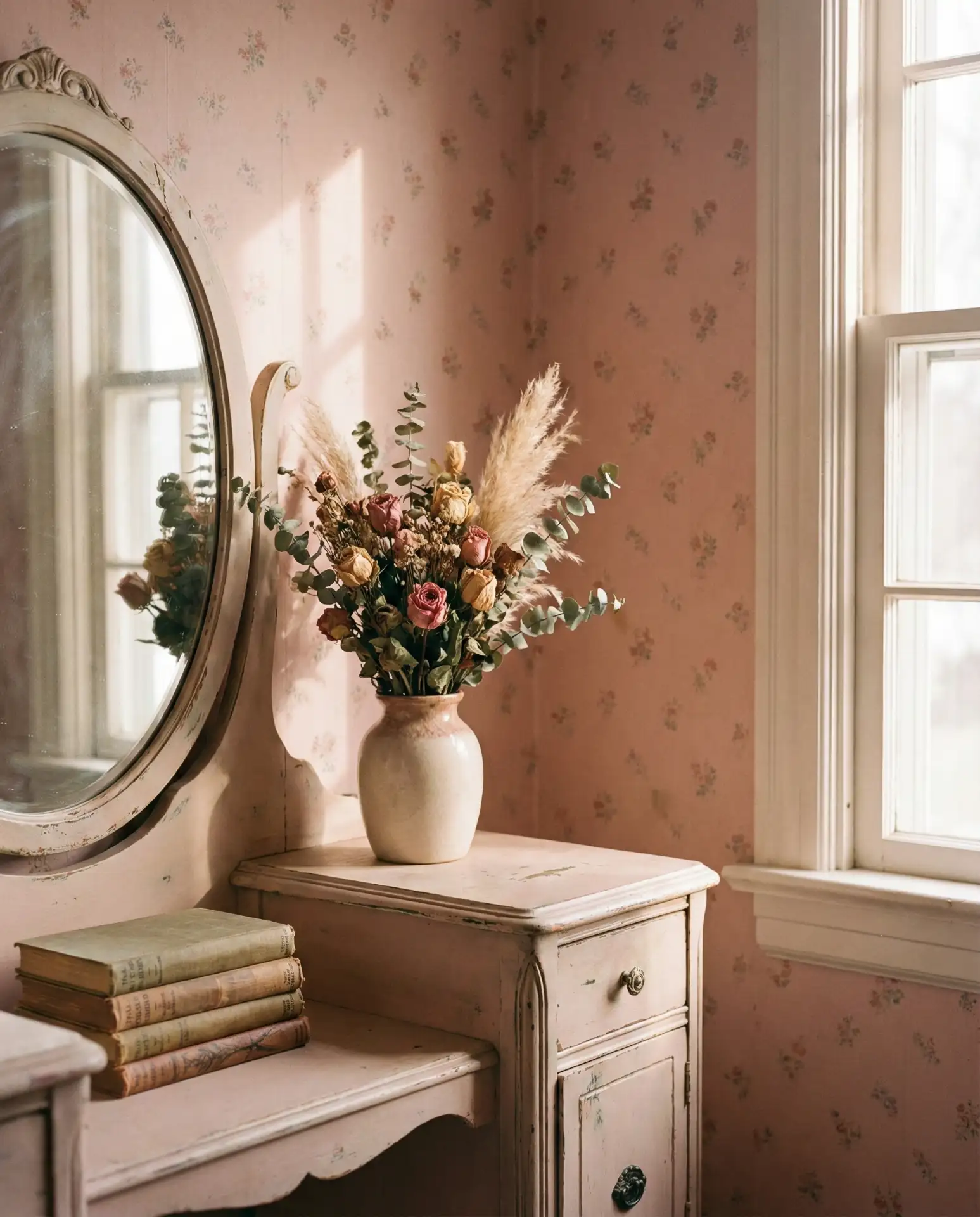 Pink Vintage Bedroom With Floral Wallpaper 1