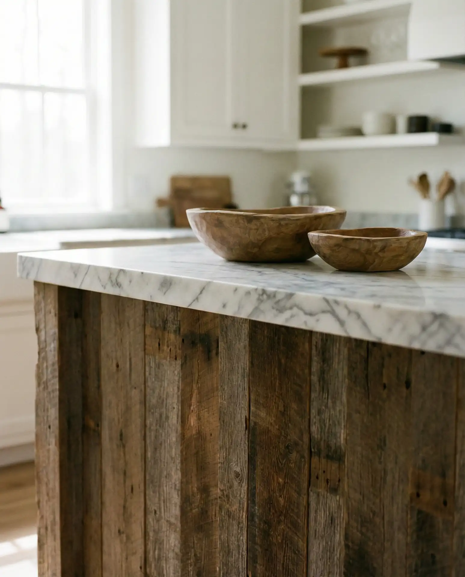 Reclaimed Wood Island with Stone Countertop 1