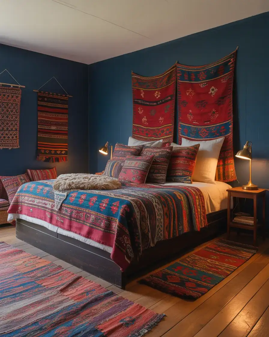 Red and Blue Eclectic Bedroom with Global-Textiles-2