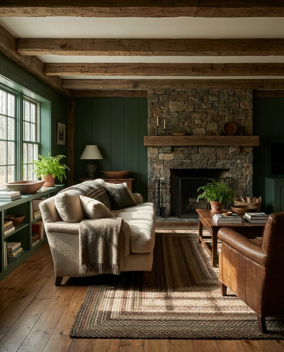 Rustic Green Living Room With Wood Beams 1