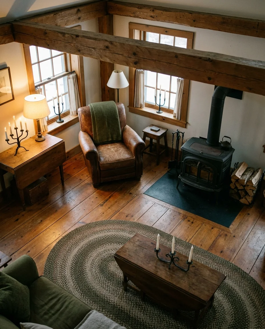Rustic Green Living Room With Wood Beams 2