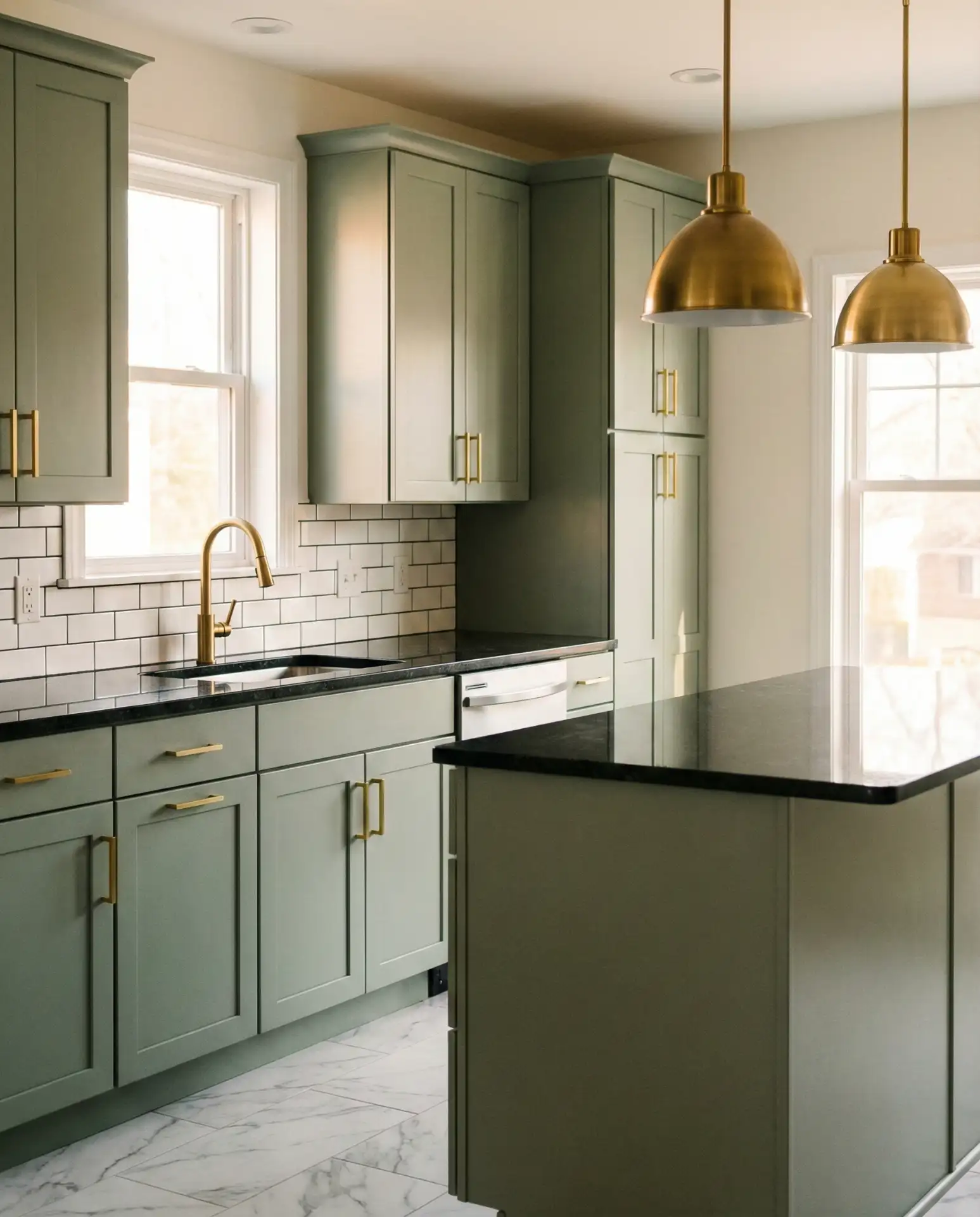 Sage Green Cabinets with Black Countertops and Gold Fixtures 2