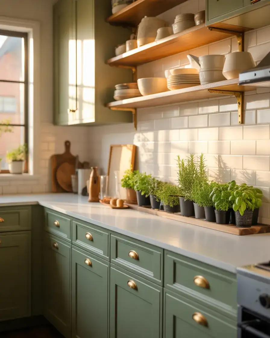 Sage Green Cabinets with Brass Hardware 2