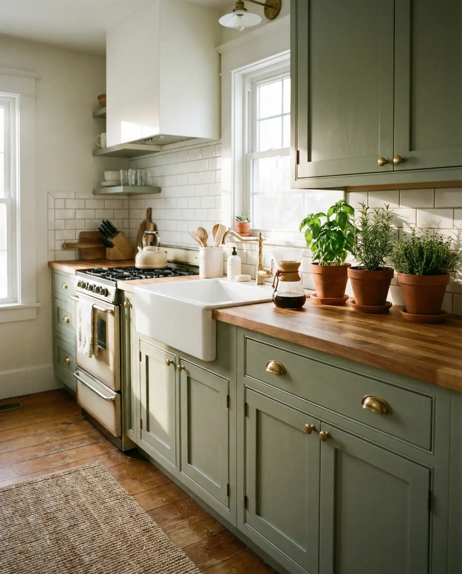 Sage Green Cabinets with Butcher Block Countertops 2