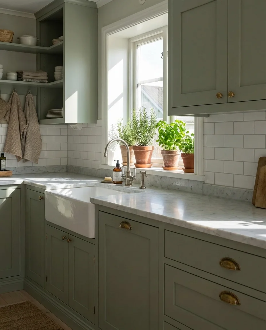 Sage Green Cabinets with Warm Brass Hardware 1