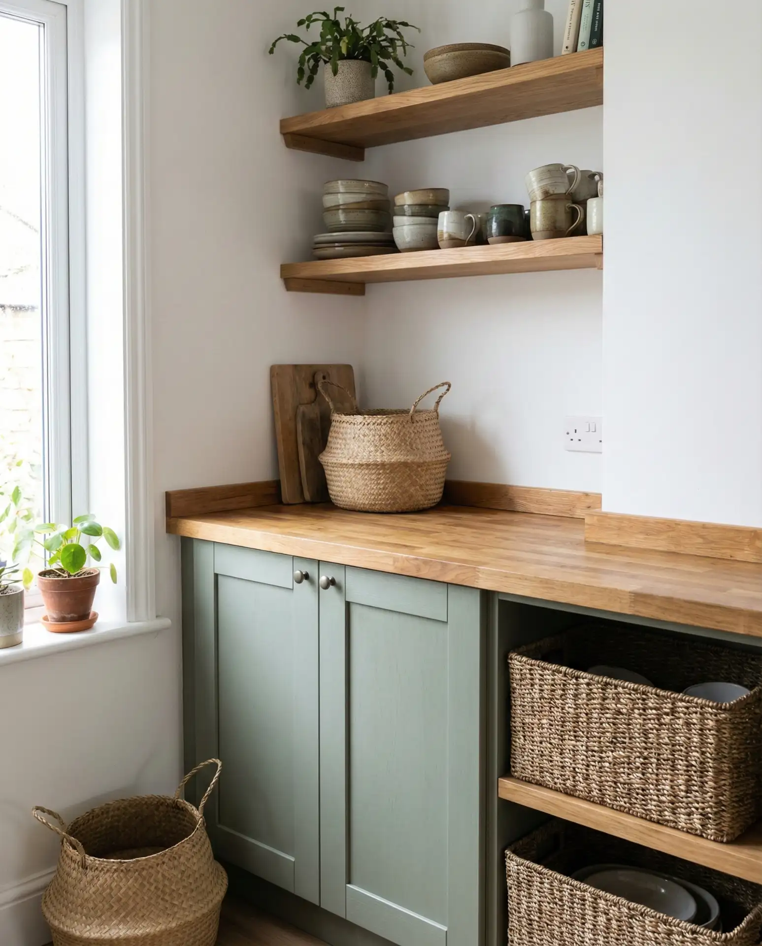 Sage Green Cupboards with Open Storage Solutions 1