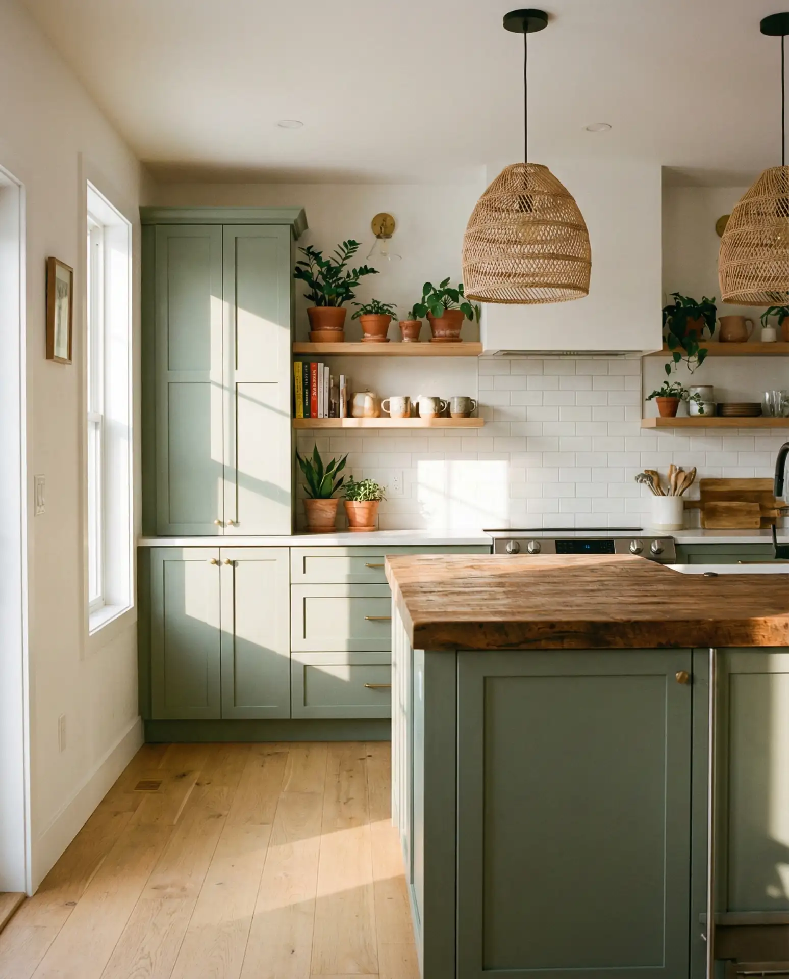 Sage Green Kitchen with Natural Wood Elements 1
