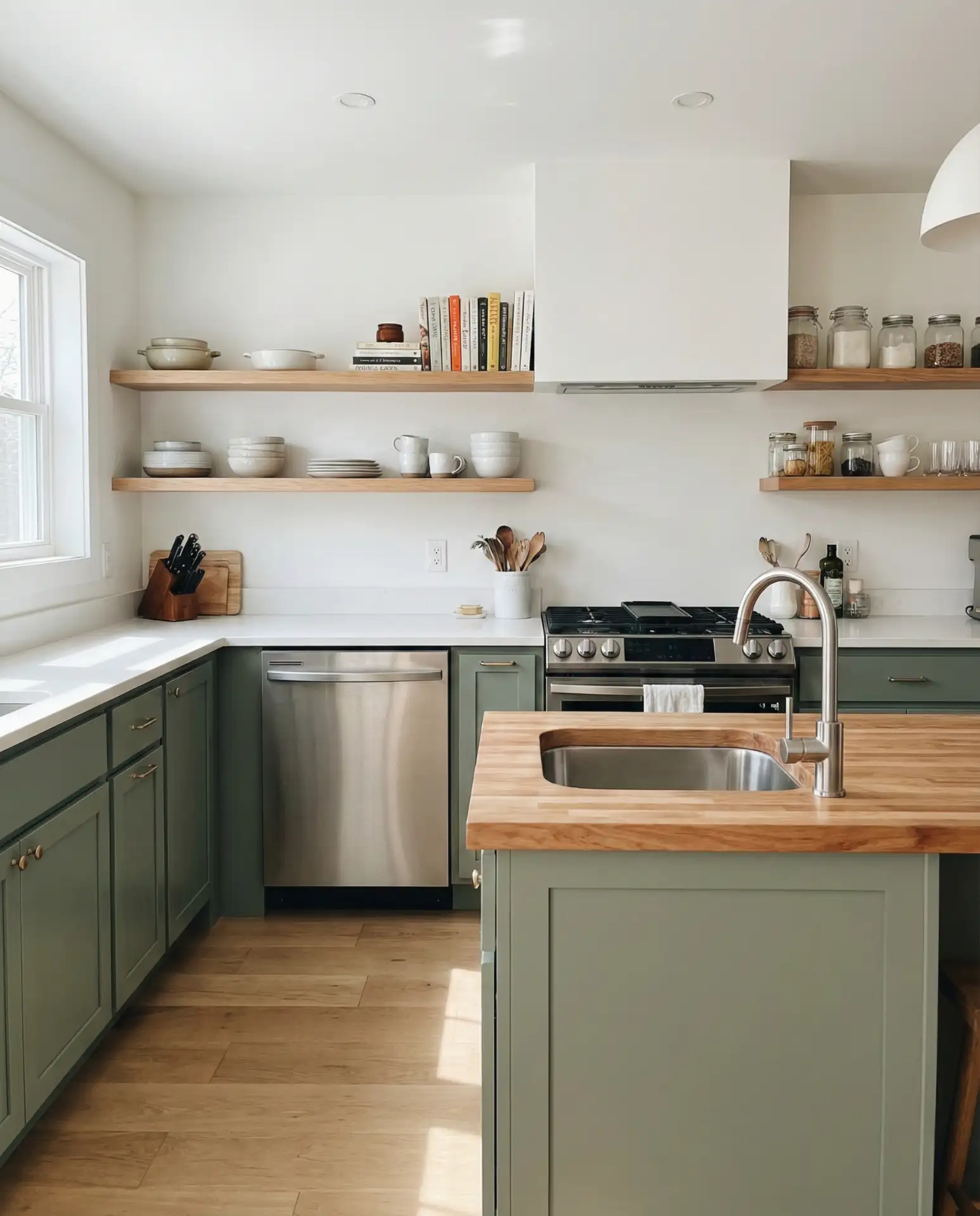 Sage Green Kitchen with Stainless Steel Appliances 1