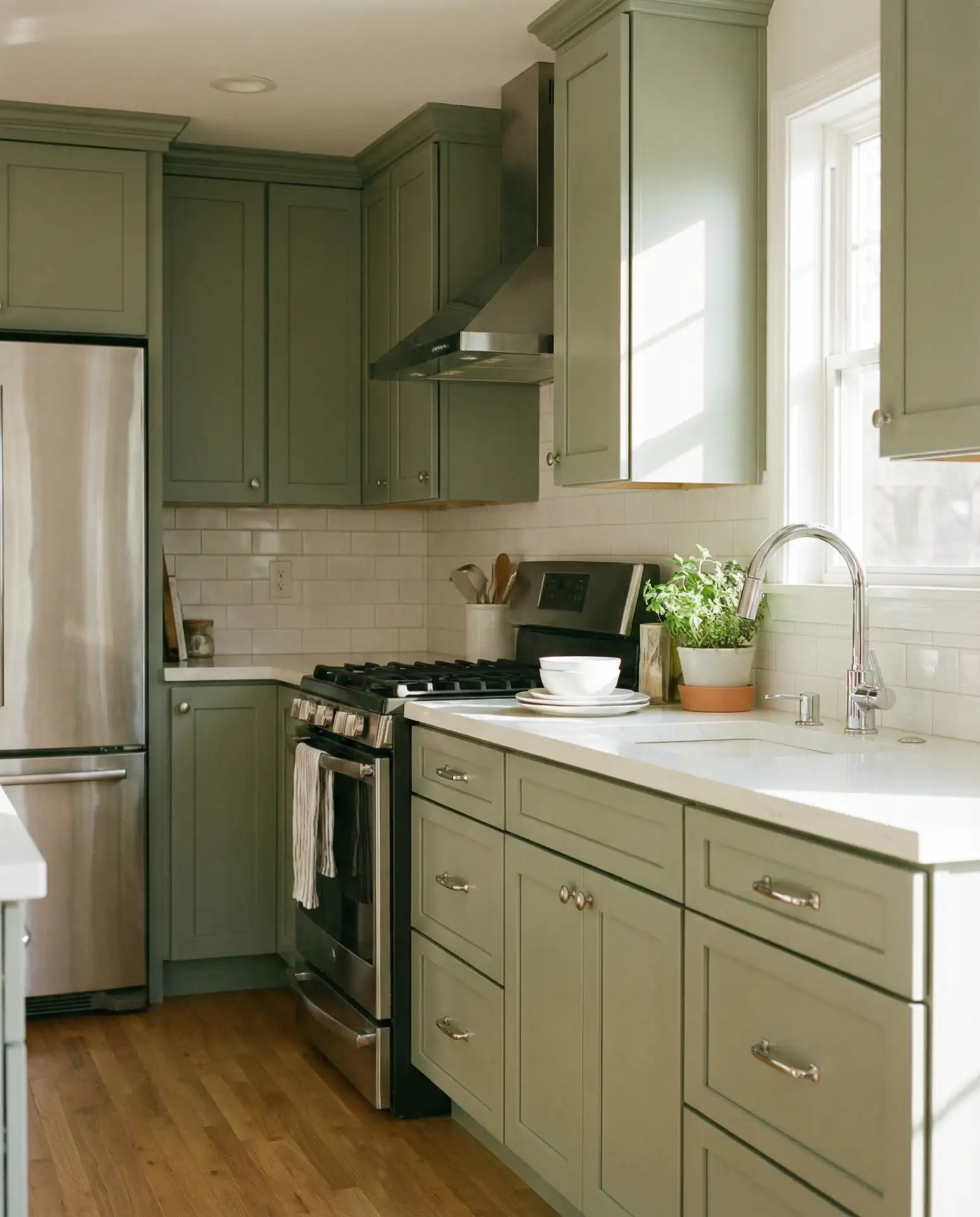 Sage Green Kitchen with Stainless Steel Appliances 2