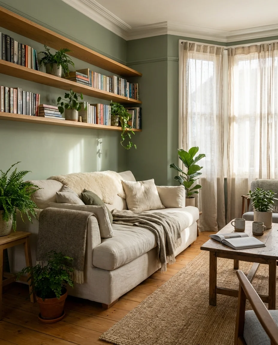 Sage Green Walls With Warm Wood Accents 1