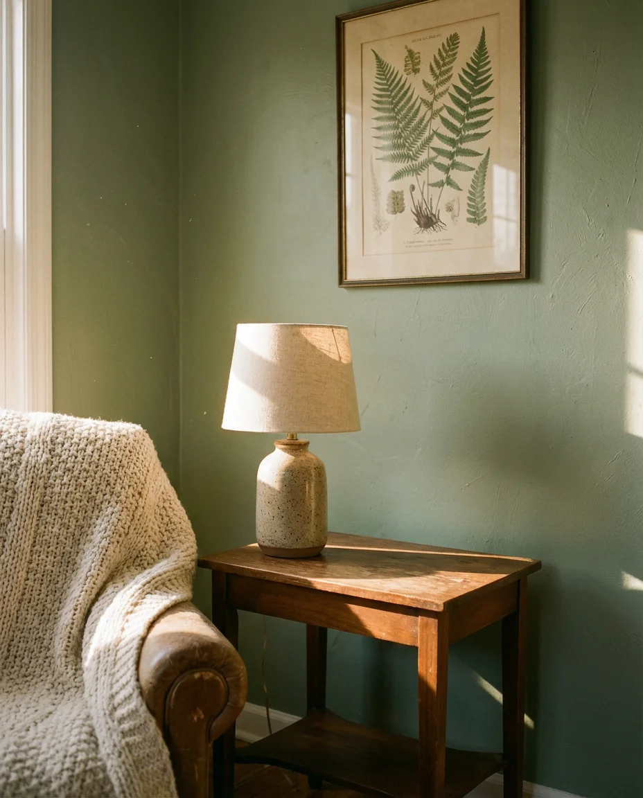 Sage Green Walls With Warm Wood Accents 2