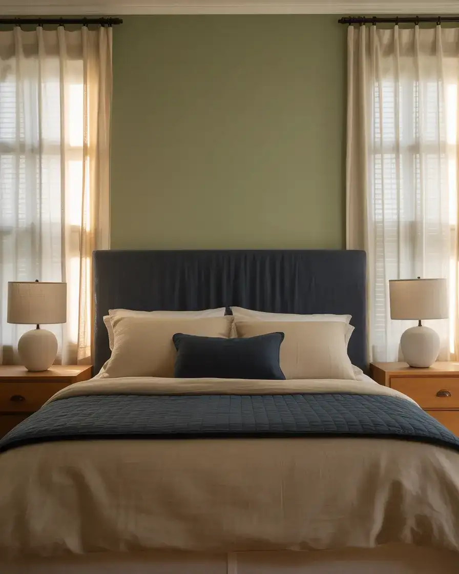 Sage Green and Navy Couples' Bedroom with Natural Linen 1