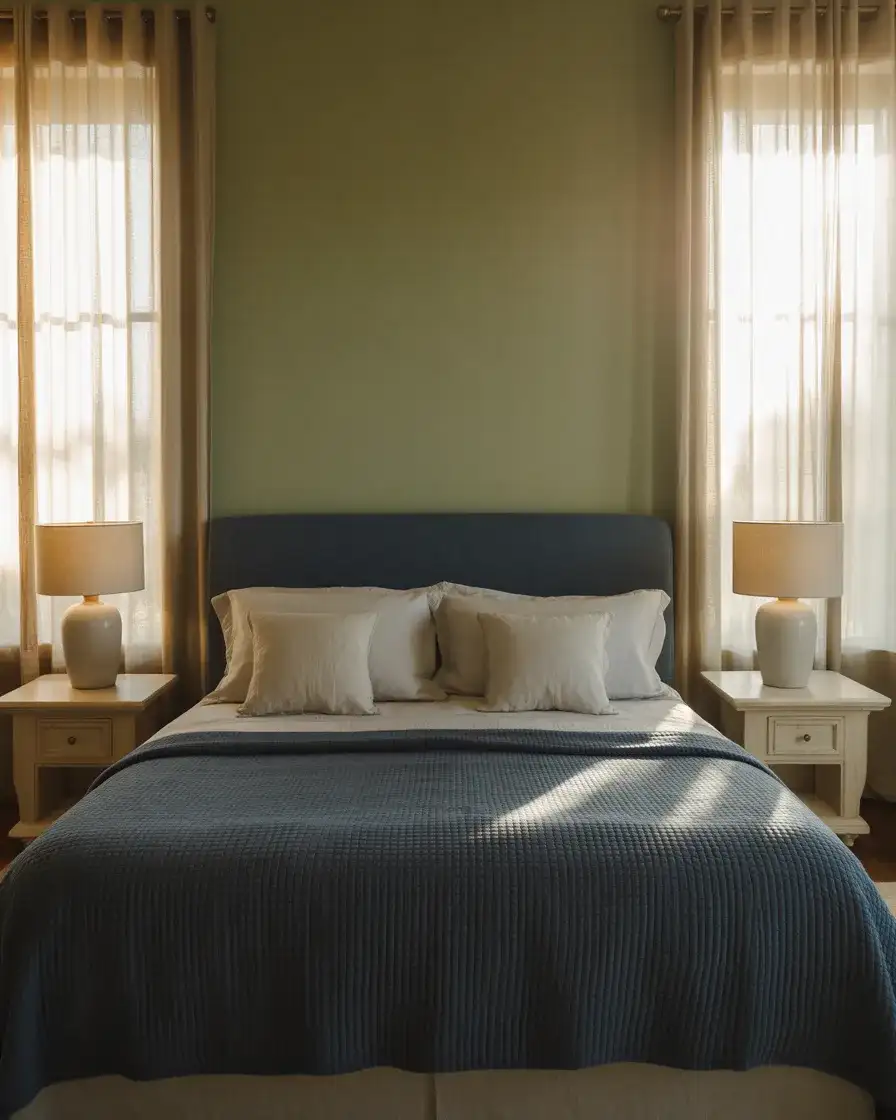 Sage Green and Navy Couples' Bedroom with Natural Linen 2
