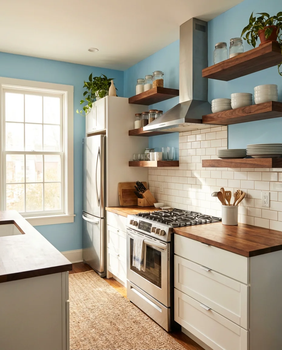 Sky Blue Kitchen with Open Shelving 1