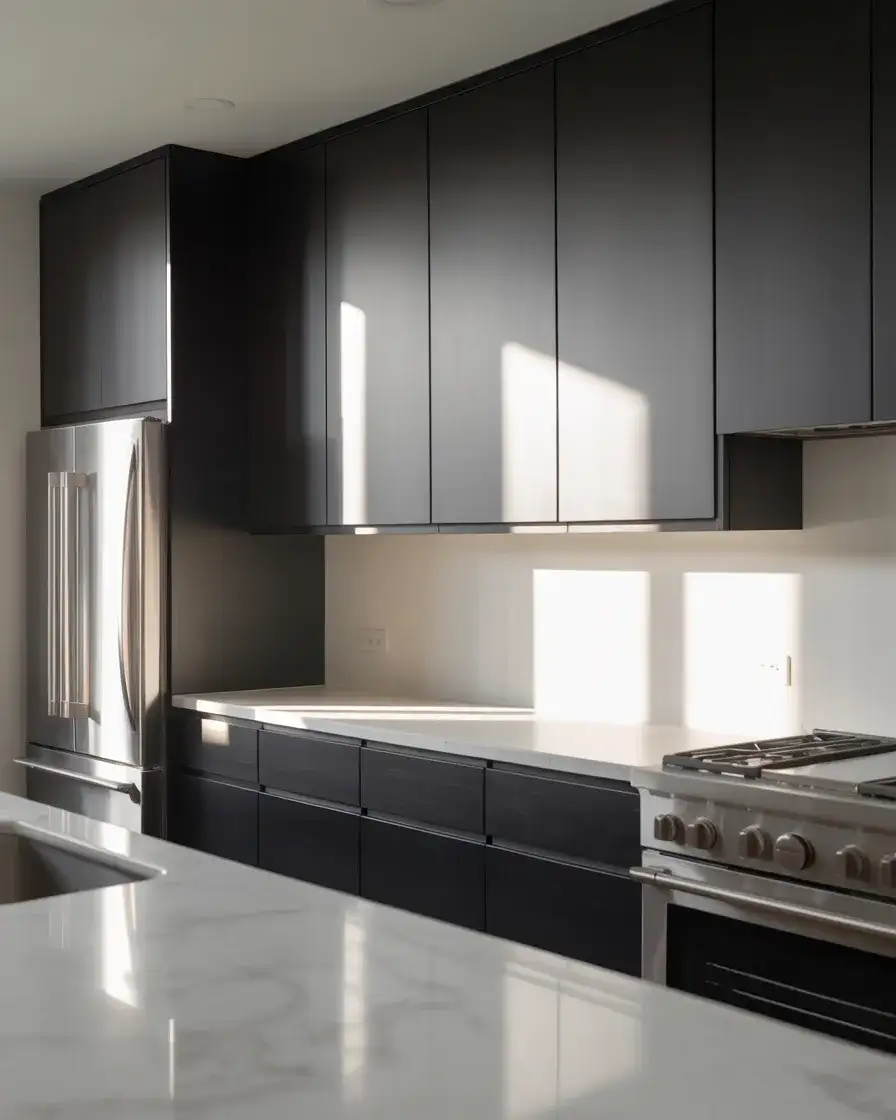 Sleek Black Cabinets with White Countertops 1