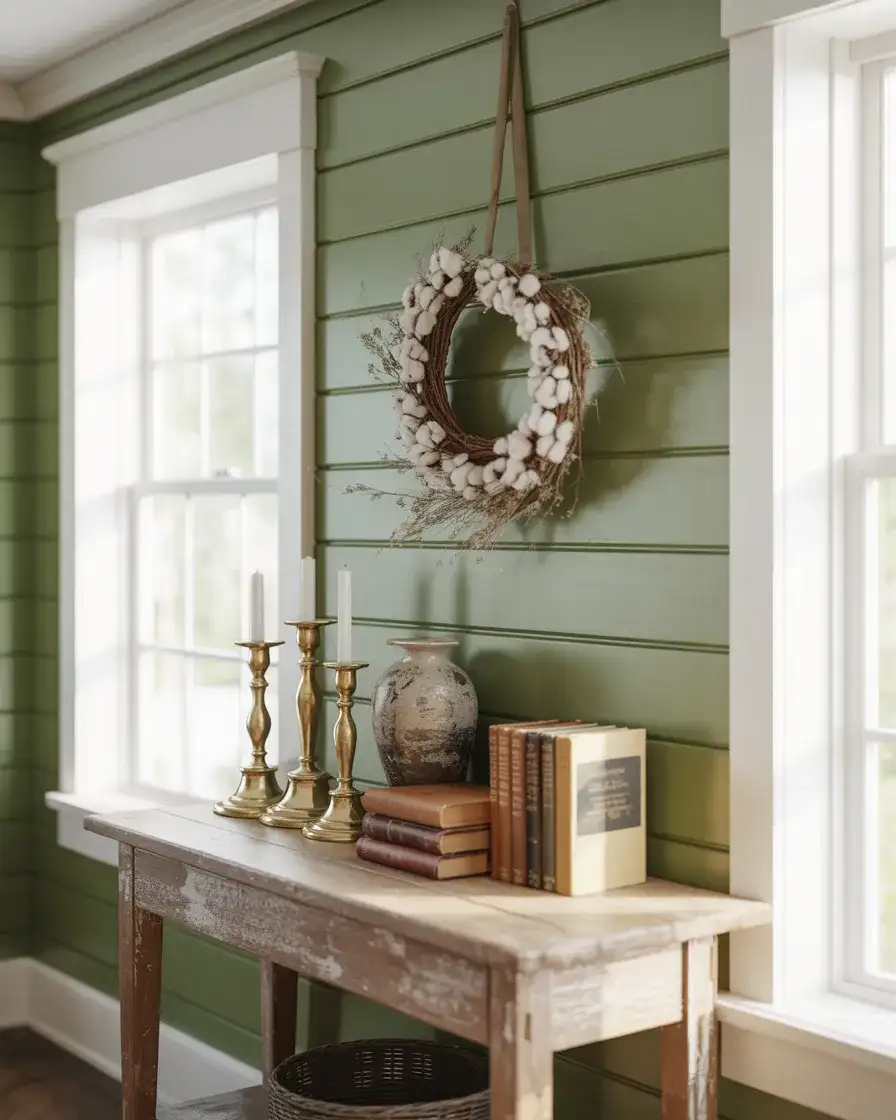 Soft Sage Green in a Farmhouse Living Room 1