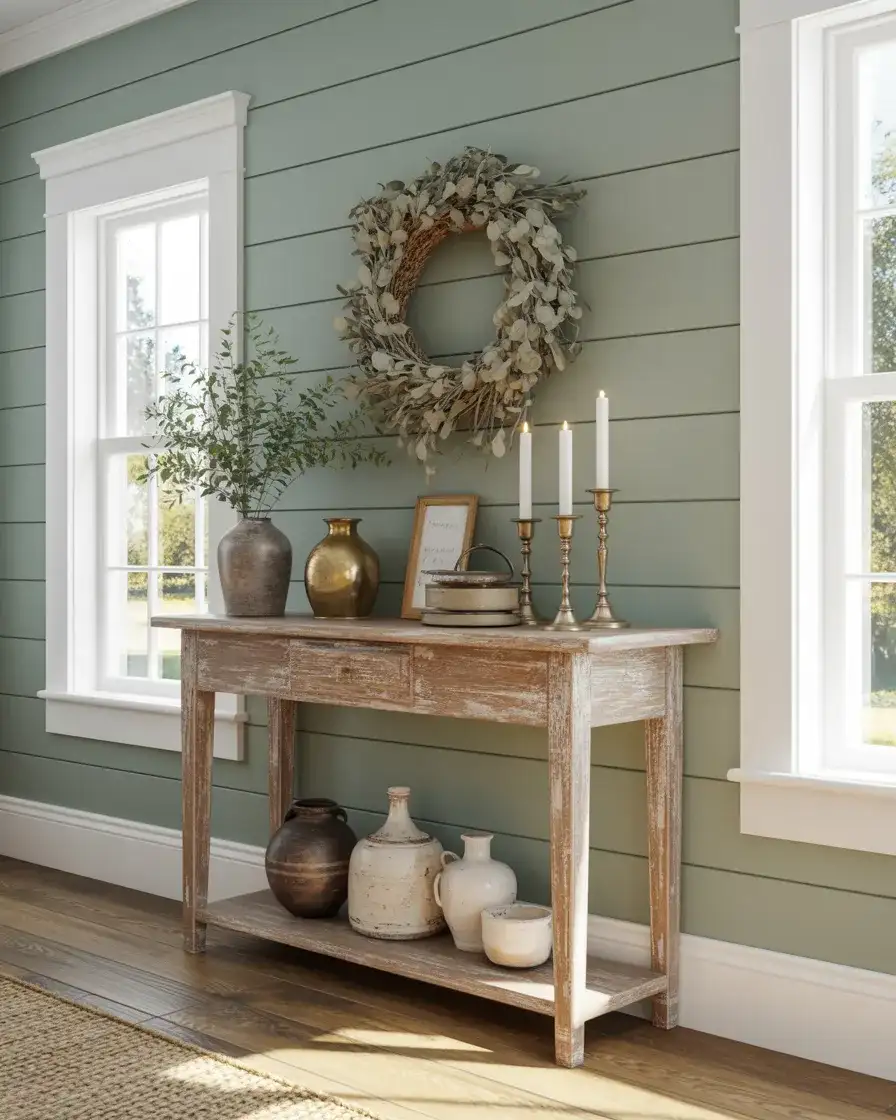 Soft Sage Green in a Farmhouse Living Room 2