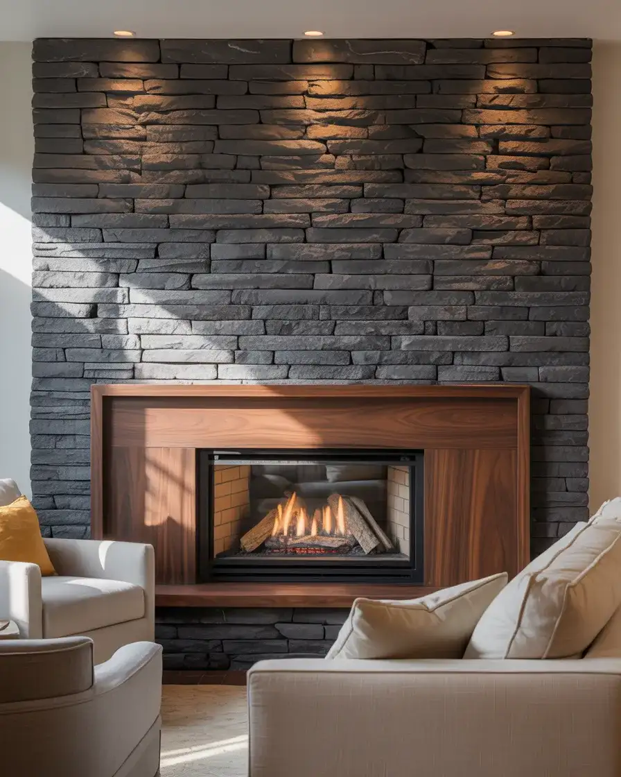 Stacked Stone Fireplace Feature Wall 1