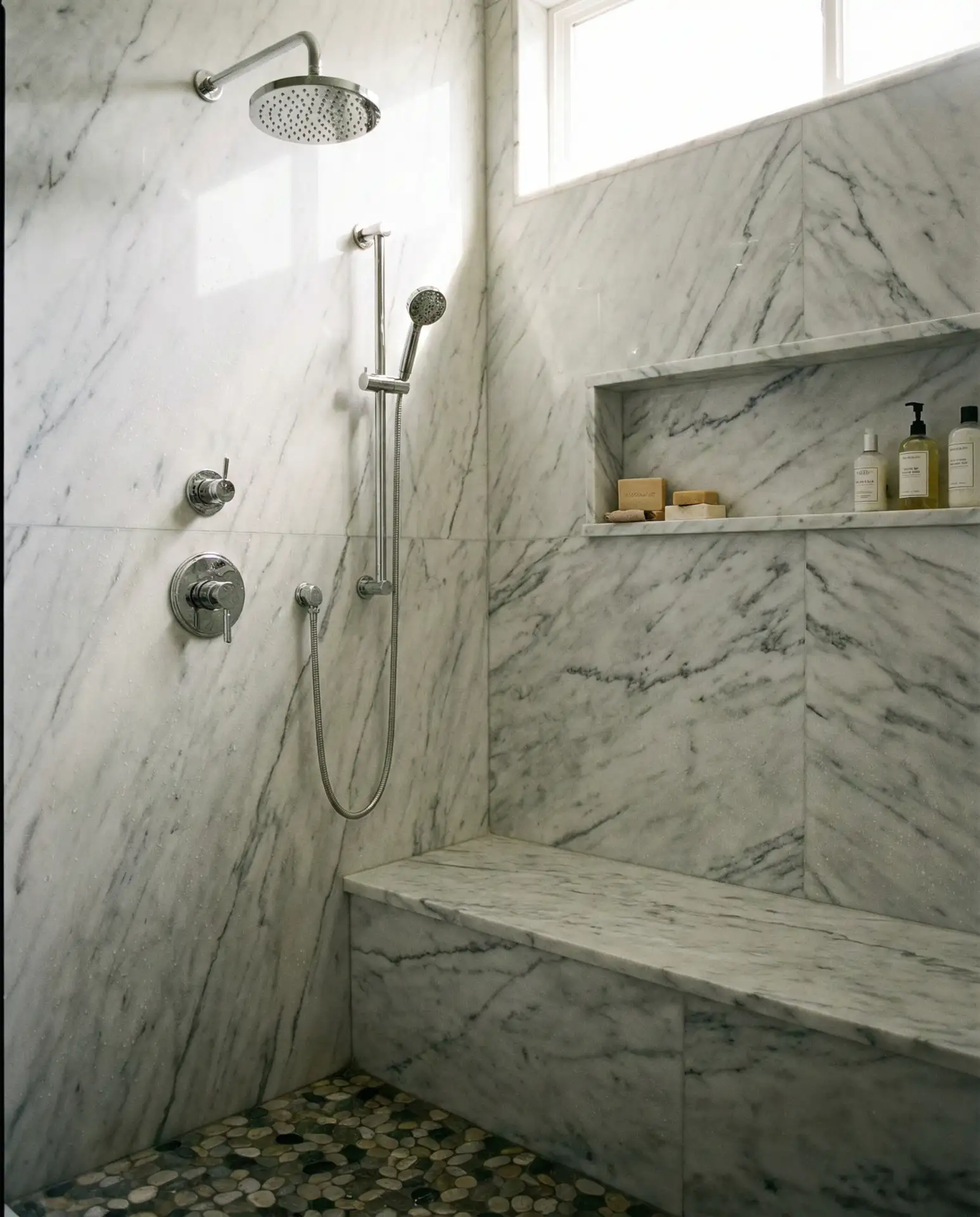 Stone Tile Walk-In Shower Features 1