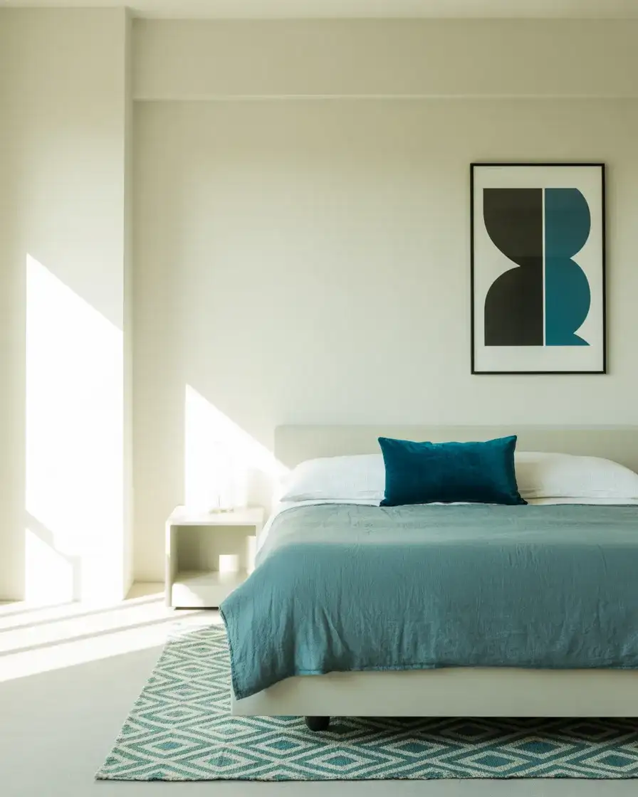 Teal and White Modern Bedroom with Geometric Patterns 1
