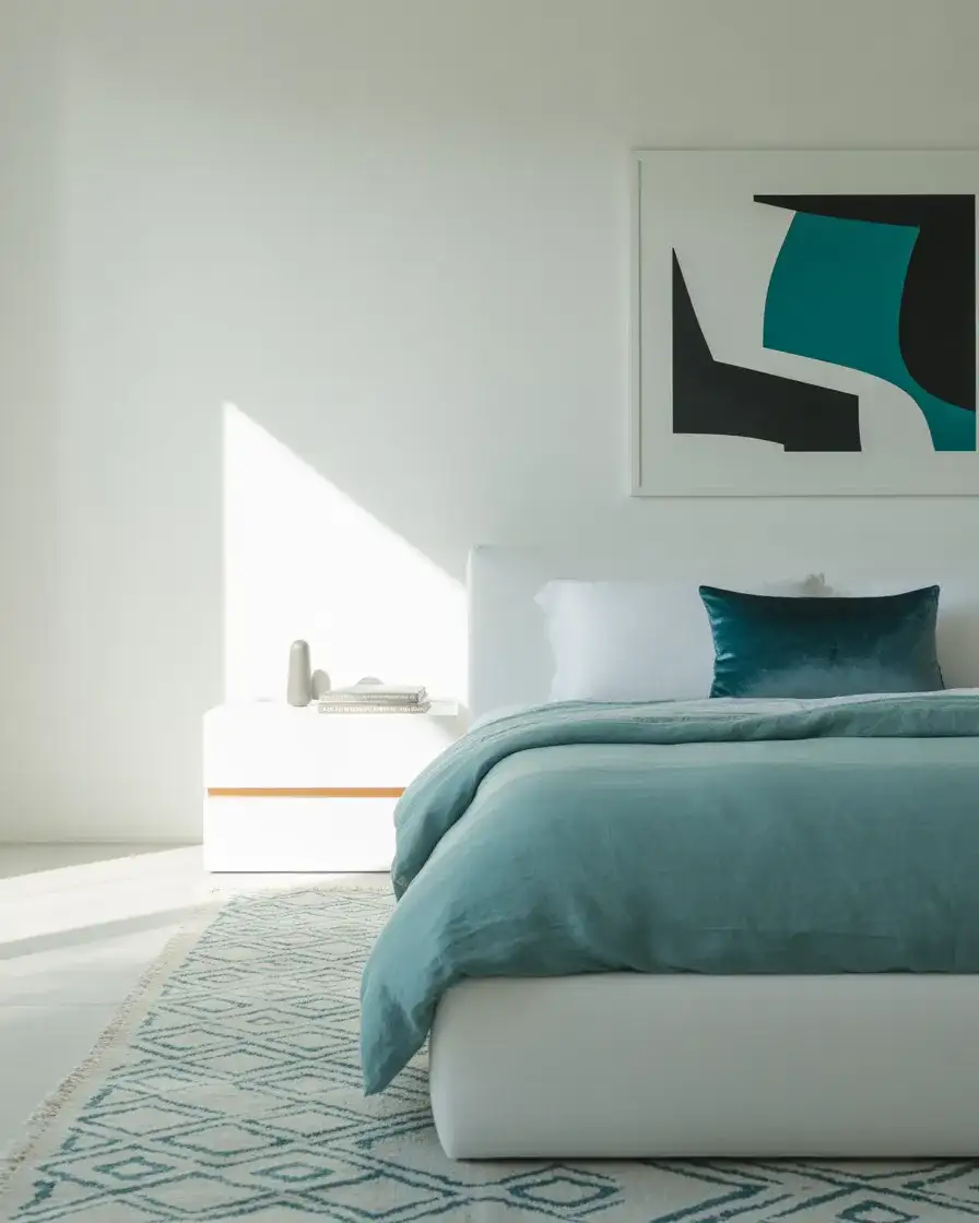 Teal and White Modern Bedroom with Geometric Patterns 2