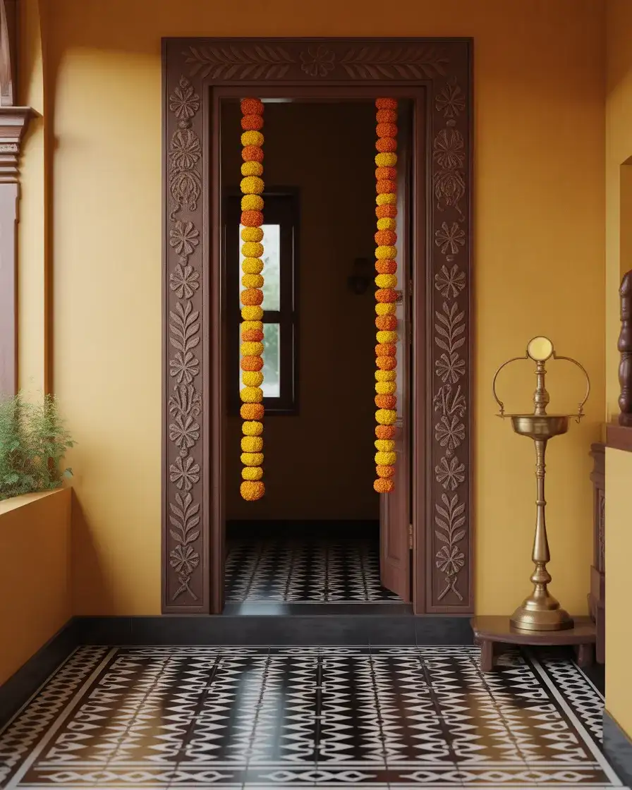 Traditional Indian Story Entryway with Kolam Art 1