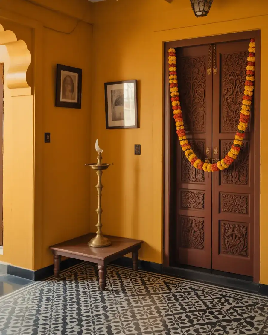 Traditional Indian Story Entryway with Kolam Art 2