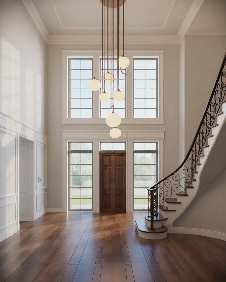 Two-Story Grand Foyer with Dramatic Lighting 1