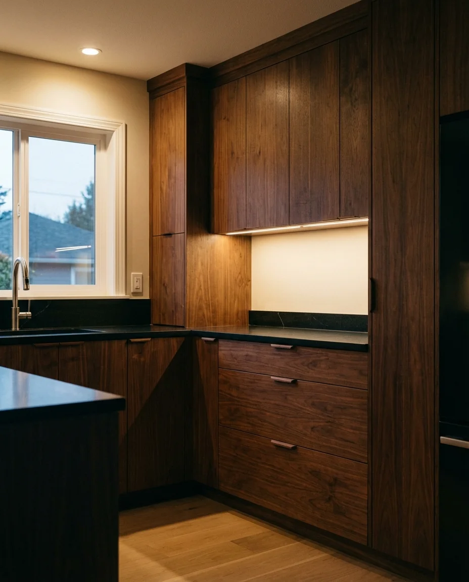 Walnut Cabinets with Integrated Lighting for Drama 1