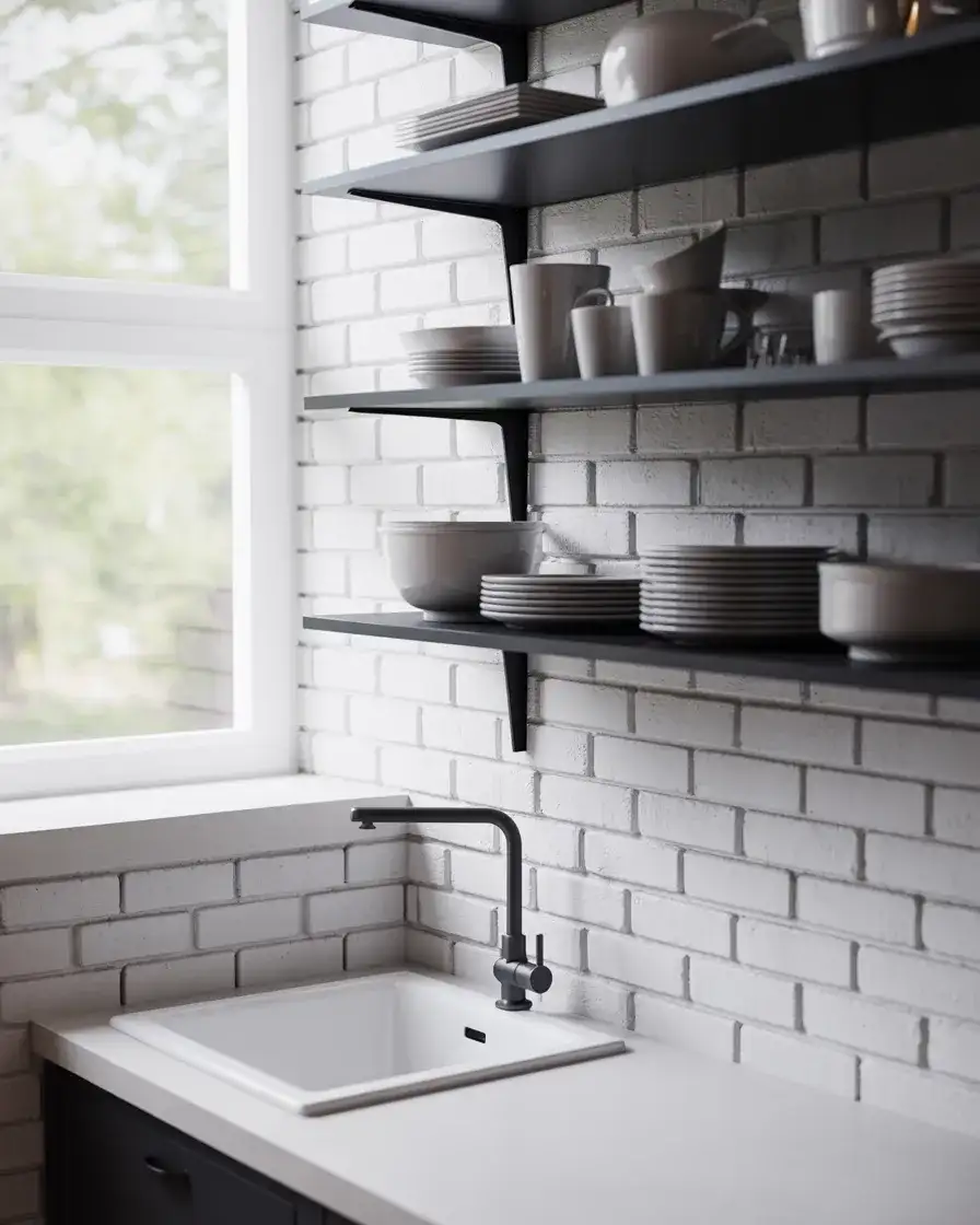 White Brick Wall with Black Metal Fixtures 1