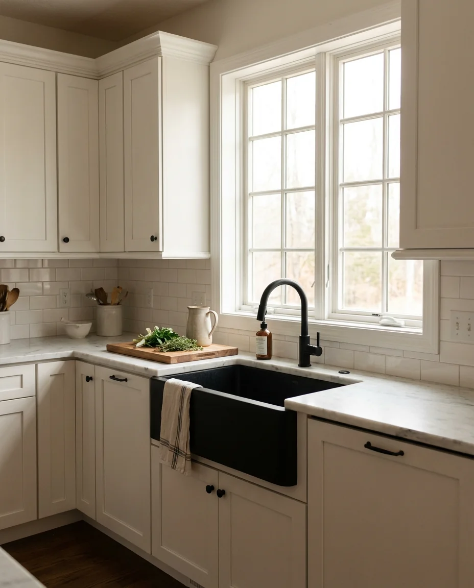 White Farmhouse Kitchen with Black Sink 1
