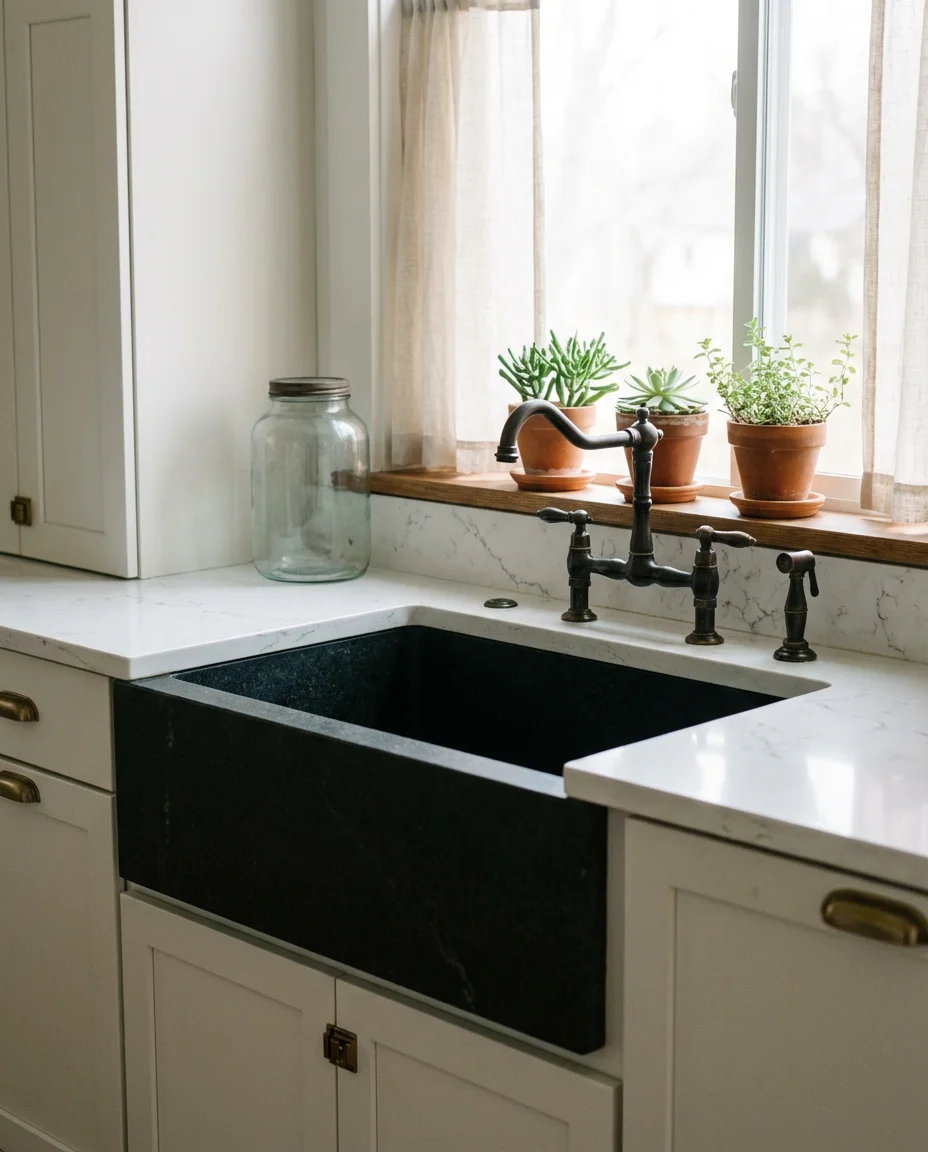 White Farmhouse Kitchen with Black Sink 2