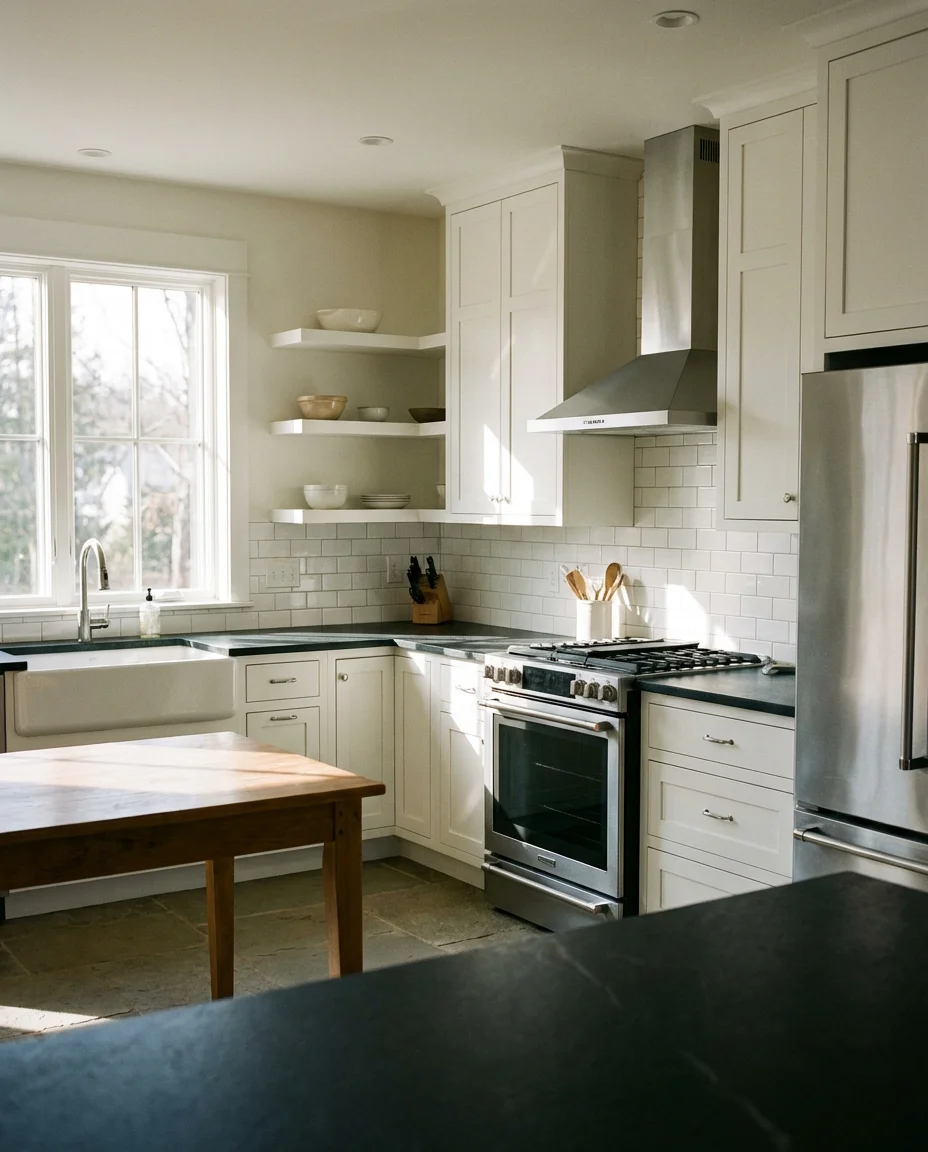 White Kitchen with Black Countertops 1